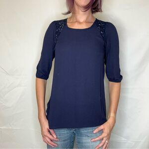 Women's Tea N Rose Navy Lace Inset Blouse Puff Shoulder Top M Medium